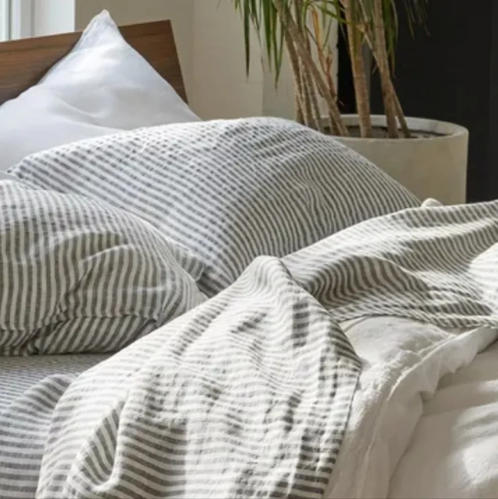 Brooklinen Washed European Linen Duvet Cover Oxford Stripe In Grey
